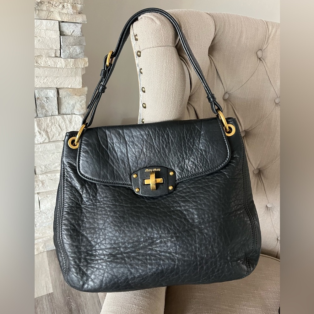 Miu Miu Black Nappa Leather Turnlock Hobo Bag with Gold-Tone Hardware
